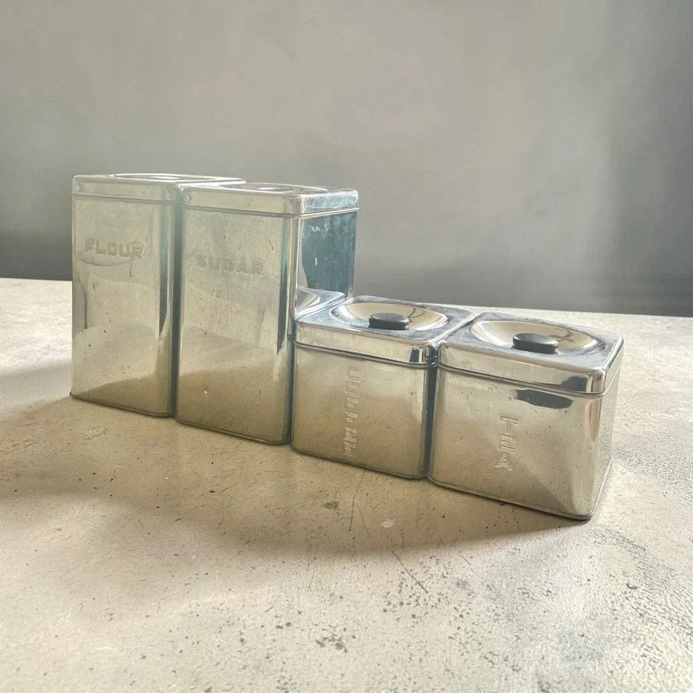 Vintage Lincoln BeautyWare Chrome Canister Set 4pc Flour Sugar Coffee Tea MCM